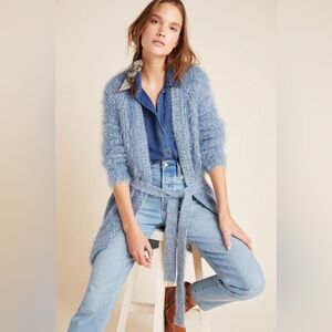 NWT Anthropologie Blue Shaggy Larkin Metallic Knit Sweater Cardigan Sz M
